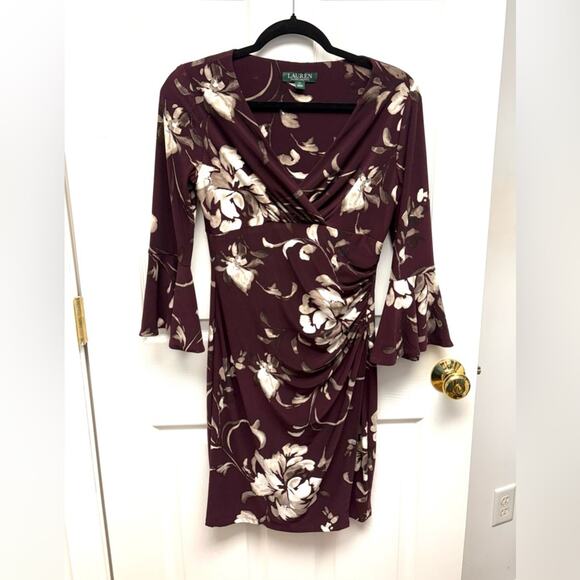 Lauren Ralph Lauren Wine Red Purple Dress, 3/4 bell sleeves, V Neck, Size 4 - Picture 3 of 11